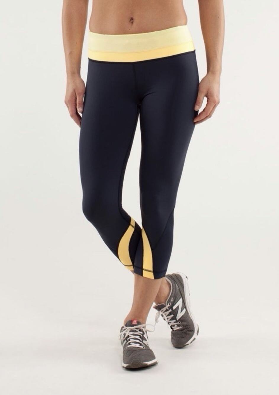 Lululemon Run Inspire Crop Leggings Size 6 Black Yellow Drawstring Hidden Pocket